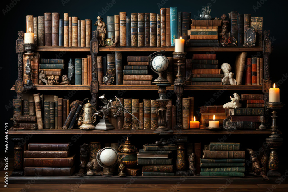 A bookshelf filled with philosophical classics, showcasing the wealth of written wisdom across centuries. Concept of literary philosophy. Generative Ai.