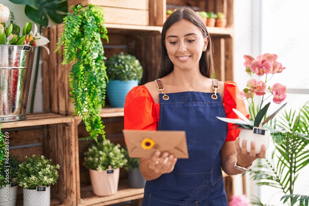 Young beautiful hispanic woman florist holding envelope letter and plant at florist