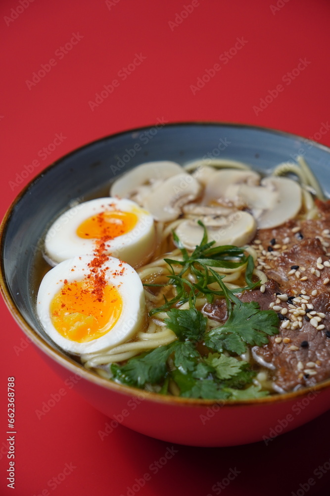 ramen with beef and eggs and mushrooms, asian food ramen with beef and eggs and mushrooms, asian food