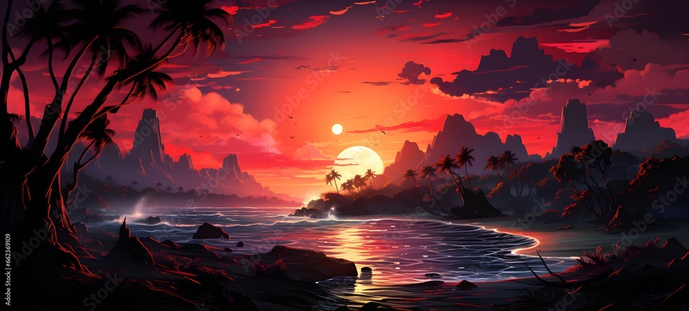Beautiful seascape with palm trees and sunset - obrazy, fototapety, plakaty 