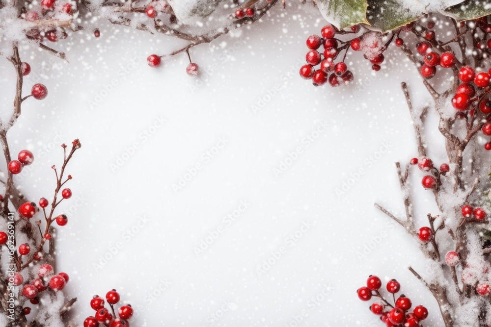 Snow covered branches with red berries during snowfall