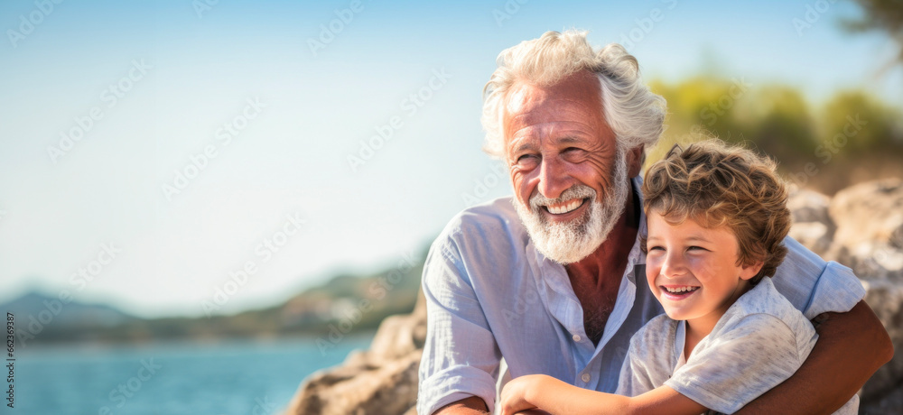 Spending time together, a smiling grandfather and his grandson, copy space 