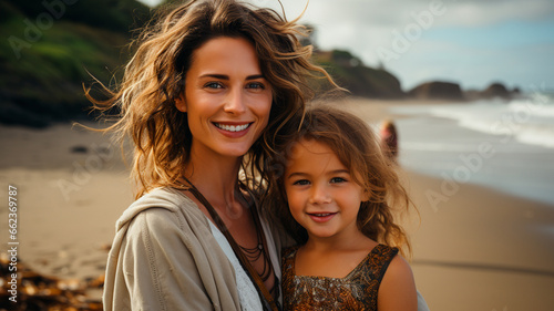 mother and daughter walking in the beach