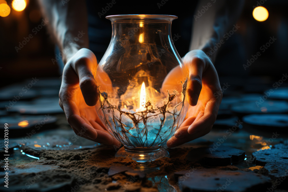A person holding a cracked hourglass, highlighting the transient nature of existence in existentialist philosophy. Concept of existential philosophy. Generative Ai. A person holding a cracked hourglass, highlighting the transient nature of existence in existentialist philosophy. Concept of existential philosophy. Generative Ai.