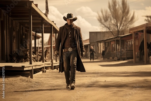 Fotobehang cowboy enters the old west town in full body