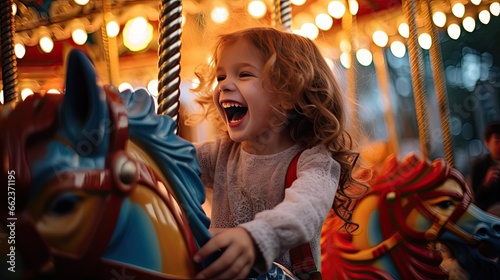 Image of a happy girl enjoying a colorful carousel ride. © kept