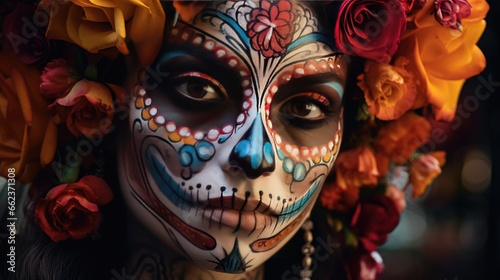Image of a woman with intricate sugar skull makeup. © kept