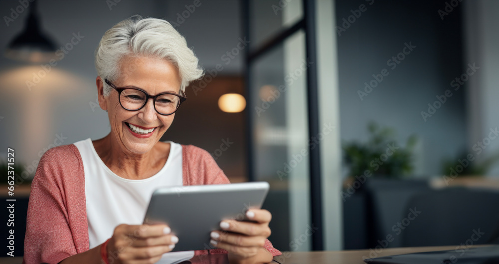 A smiling older woman embracing technology, showing how enthusiastically she uses a tablet, copy space