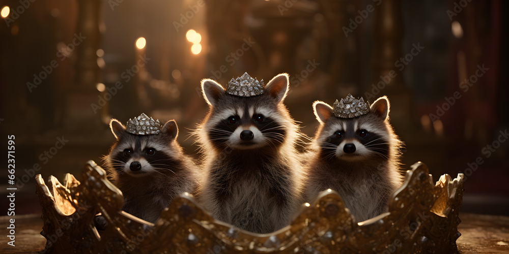 "Royal Raccoon Regent: Crowned Masked Majesty" | Background Design | Generative AI Artwork - obrazy, fototapety, plakaty 