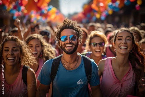 A motivating scene of a group of friends participating in a charity run, with colorful banners and cheering crowds, highlighting the sense of purpose and community in physical fitness for good health © Hunman