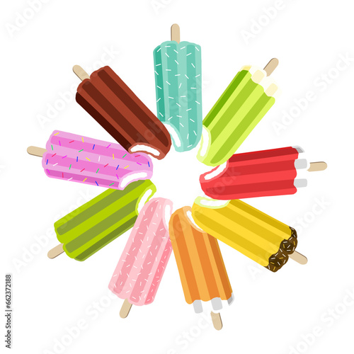Colorful ice cream in form of circle, different flavors such as strawberry, lemon, mango, chocolate and milk.
