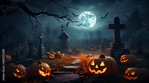 Spooky Halloween Night: Cemetery Moon Background, AI Generative