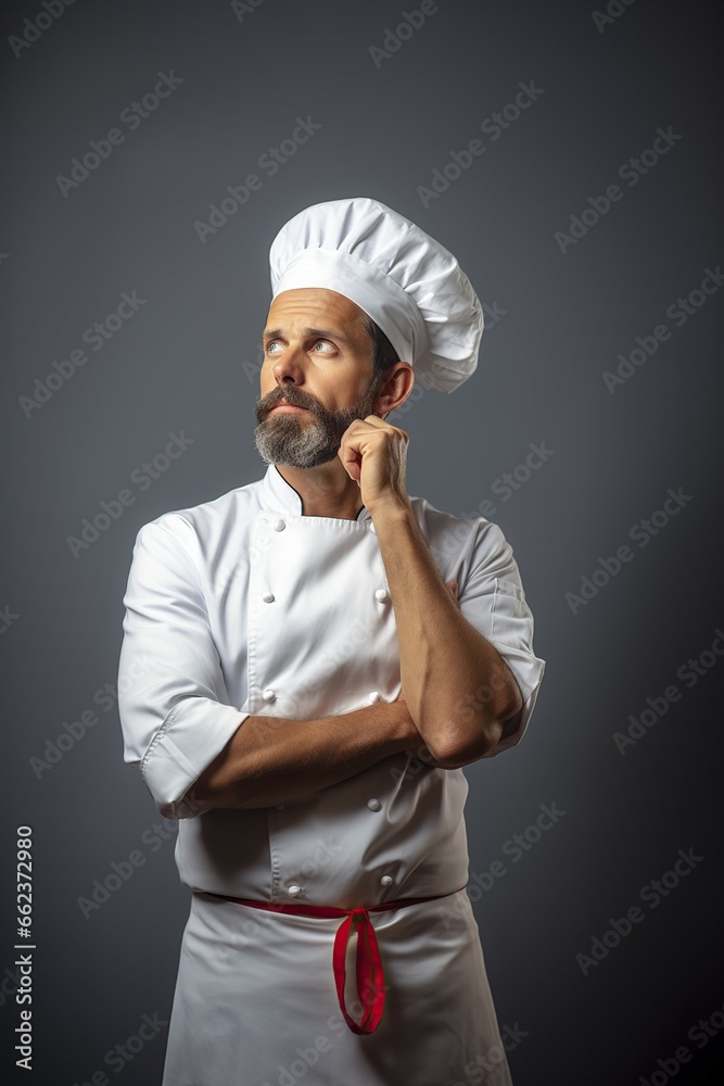 Naklejka premium man chef cook or baker in uniform thinks what to cook