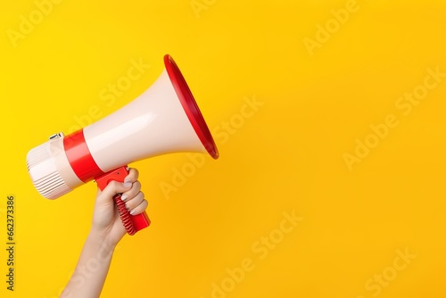 Hand holding a megaphone on a yellow background with empty space beside it for your text. generative AI