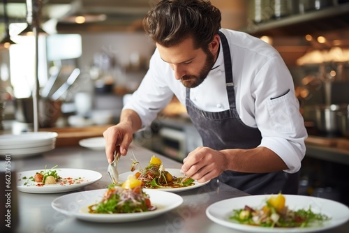 male chef serving food on a white plate working in a restaurant photo