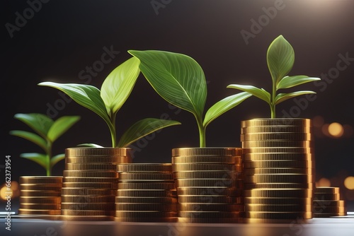 coins and plant growing in the money, saving investment coins and plant growing in the money, saving investment money plant and coins in a glass vase on a table. 