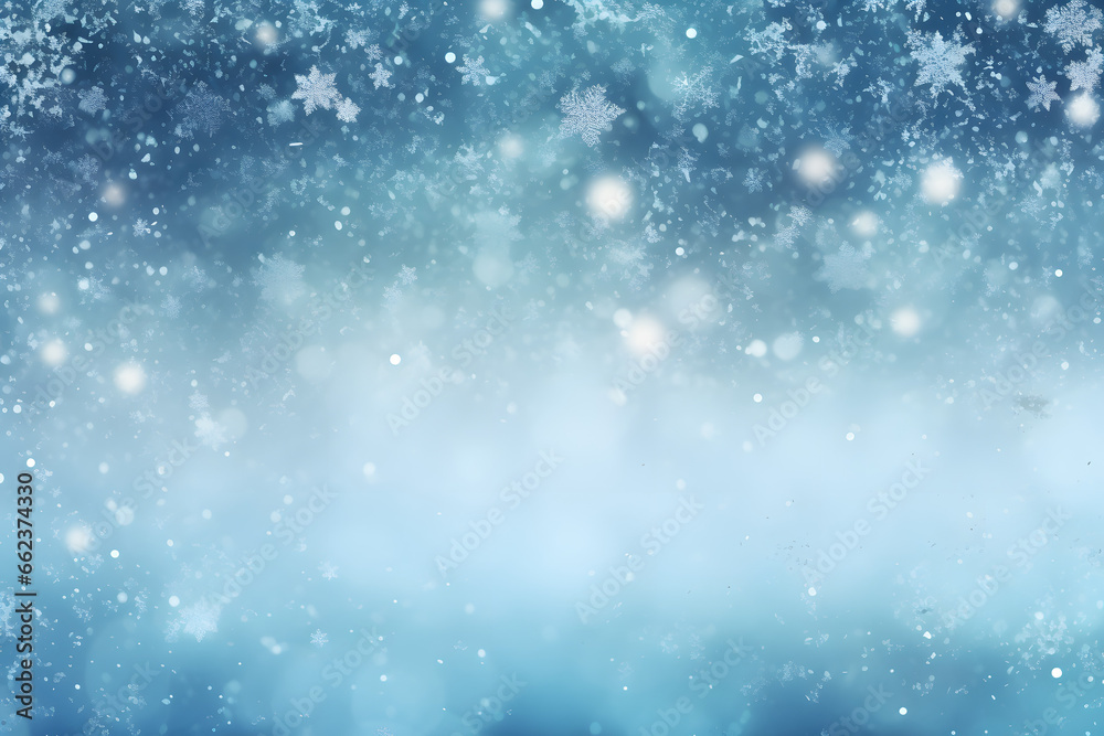 Schnee, Eiskristall, Schneefall zu Weihnachten im Winter vor blauem Hintergrund