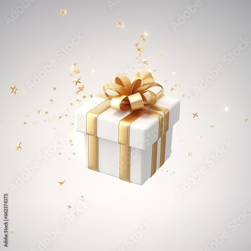 white gift with gold ribbon sprinkled with knick-knacks. generative AI