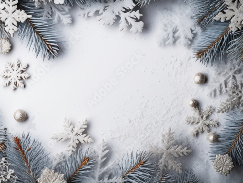 Christmas composition. Frame made of fir tree branches, decorations on pastel gray background. Christmas, winter, new year concept. Flat lay, top view, copy space