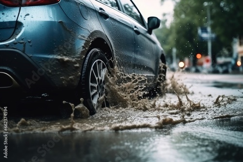 A car drives through a puddle in the rain not caring about pedestrians.