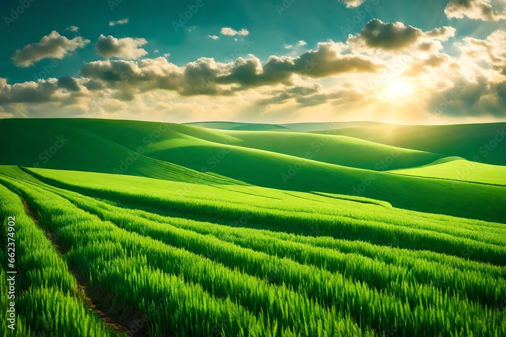 Beautiful spring natural panorama of a field of young green wheat on the hills