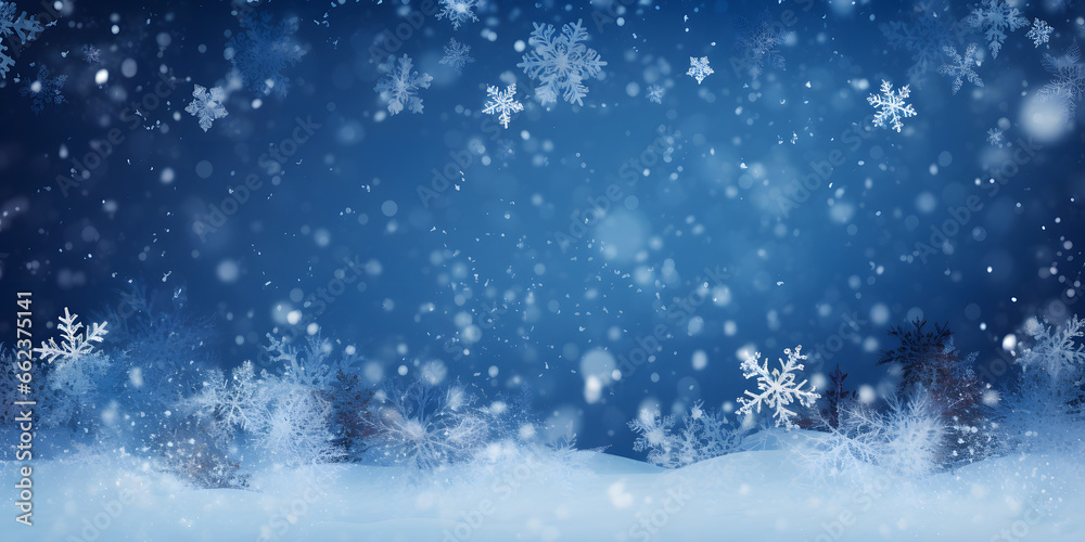Schnee, Eiskristall, Schneefall zu Weihnachten im Winter vor blauem Hintergrund - obrazy, fototapety, plakaty 