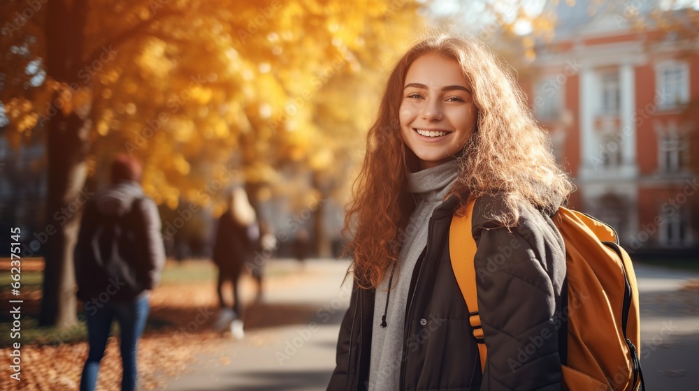 happy student with a backpack and a blurred school background happy student with a backpack and a blurred school background
