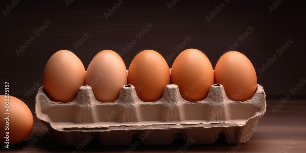 several fresh eggs on an egg tray on a black background. generative AI several fresh eggs on an egg tray on a black background. generative AI