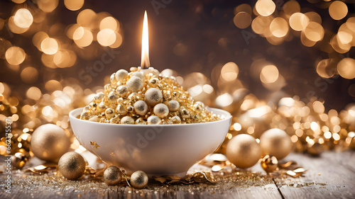Christmas decoration with candle and golden balls on bokeh background.