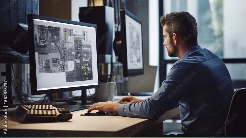 Engineer Focused, Working Diligently on Computer in Office