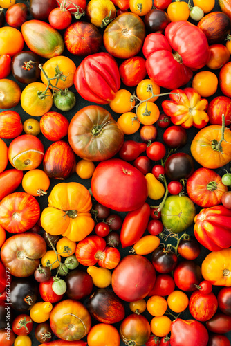 Background of multi-colored bright ripe tomatoes, different types of tomatoes, summer harvest from the garden, top view