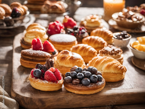 Delicious buns with fresh berries and chocolate on a wooden table