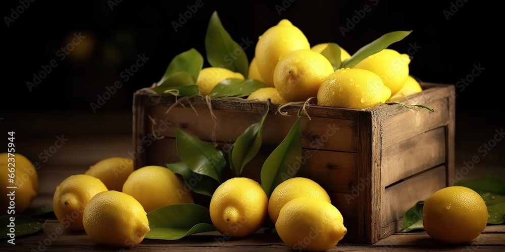 pile of lemons in a wooden basket on a dark color background. Generative AI