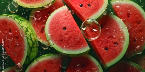 Fresh watermelon slices fall into the water. Generative AI