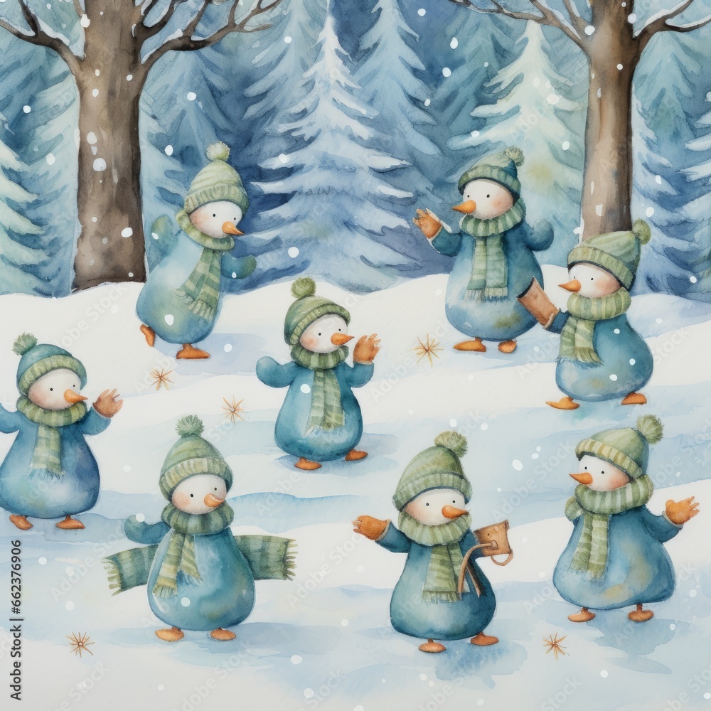 Watercolor Art of Playful Snowmen Amidst Snowy Pines and Dancing Snowflakes