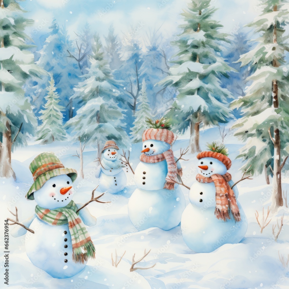 Watercolor Art of Playful Snowmen Amidst Snowy Pines and Dancing Snowflakes