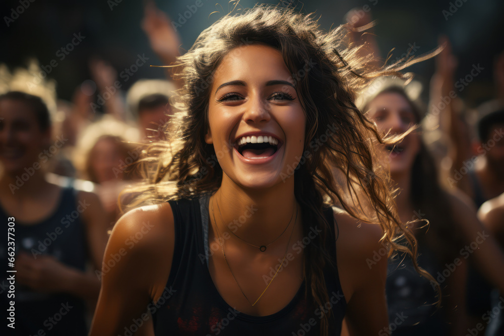 A track and field athlete celebrating not only her achievements but also those of her competitors, fostering a sense of camaraderie. Concept of celebrating others' success. Generative Ai. A track and field athlete celebrating not only her achievements but also those of her competitors, fostering a sense of camaraderie. Concept of celebrating others' success. Generative Ai.