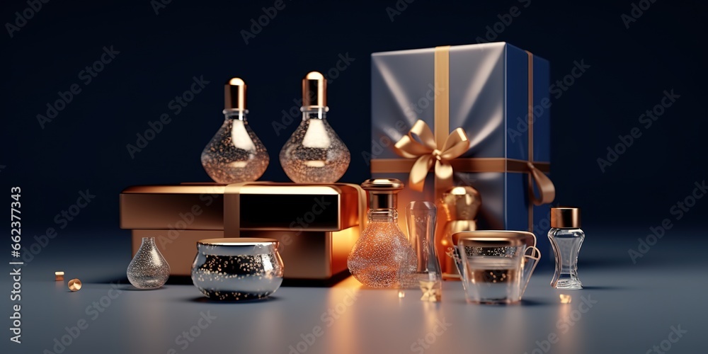 several gifts lined up together with perfume bottles and elegant knick-knacks on black background. Generative AI
