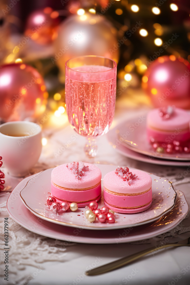 Pink cake in Christmas decoration Pink cake in Christmas decoration