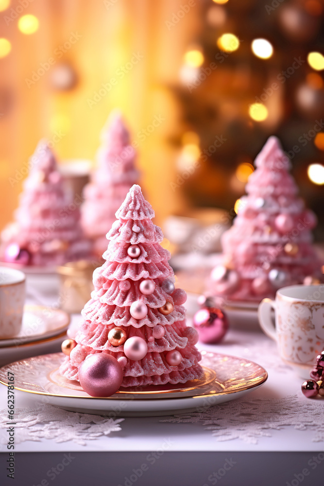 Pink cake in the shape of a Christmas tree in Christmas decoration