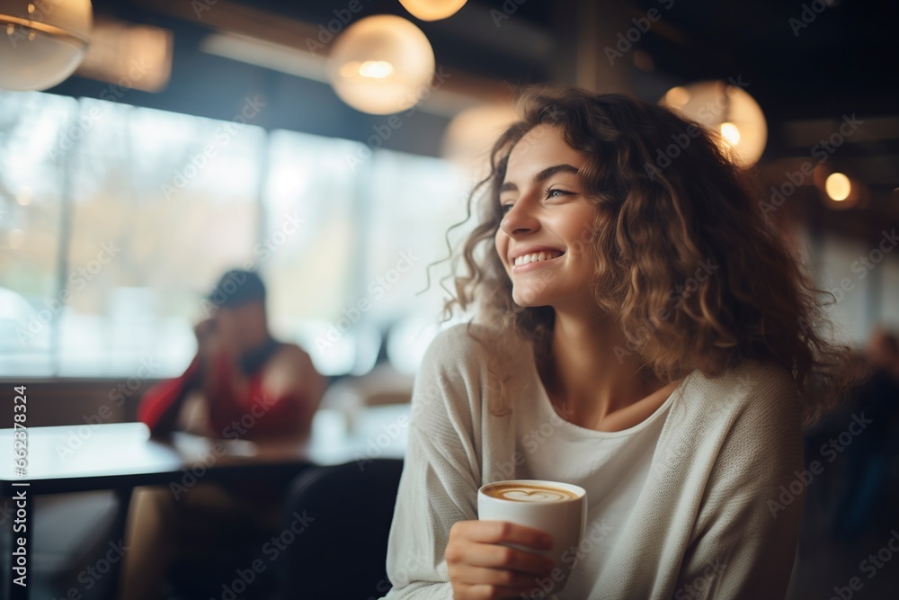 happy young woman enjoying a cappuccino