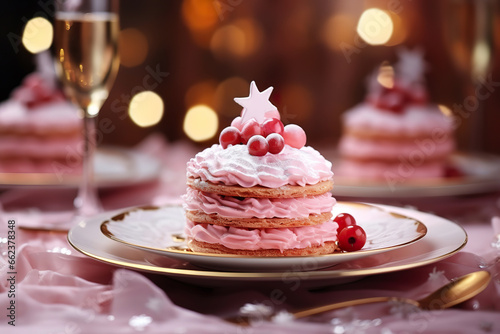 Pink layer cake with star in Christmas decoration