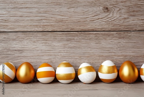 Easter eggs decorated in gold. Elegant Easter eggs with a luxurious combination of gold colors on wooden background. Generative AI