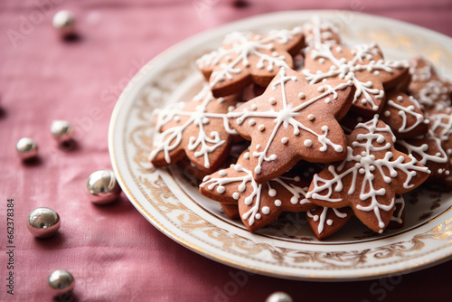 Christmas ginger cookies in the shape of snowflakes with pink icing