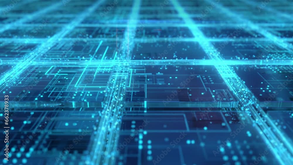 3d model of circuit board of the abstract quantum computer with microchips installed on it. The information data transfers between the electronic components of the circuit board. Digital cg animation.
