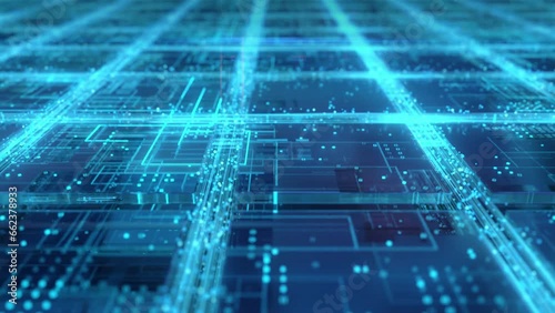 3d model of circuit board of the abstract quantum computer with microchips installed on it. The information data transfers between the electronic components of the circuit board. Digital cg animation.