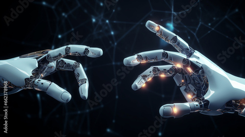 hands of two robots touching each other, artificial intelligence training concept. Generated AI