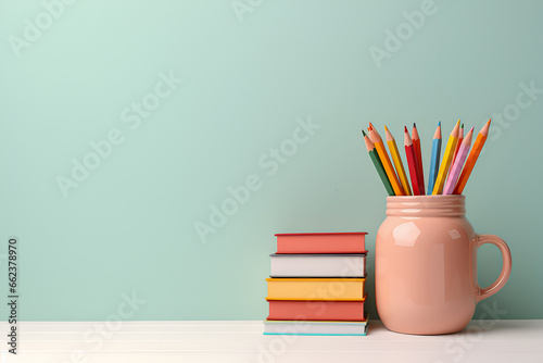 colored pencils in ceramic mug and colorful book on blue green background Knowledge and education concept