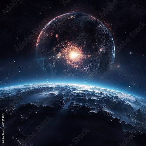 Sci-fi depiction of planets and stars co-existing in the depths of space