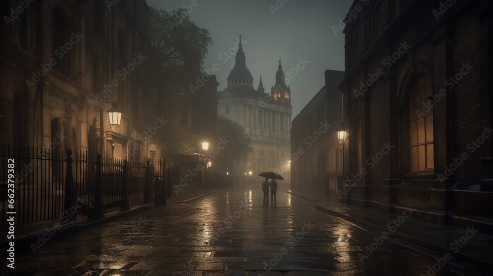 Photograph medieval london dark rain fog dramat Ai generated art - obrazy, fototapety, plakaty 